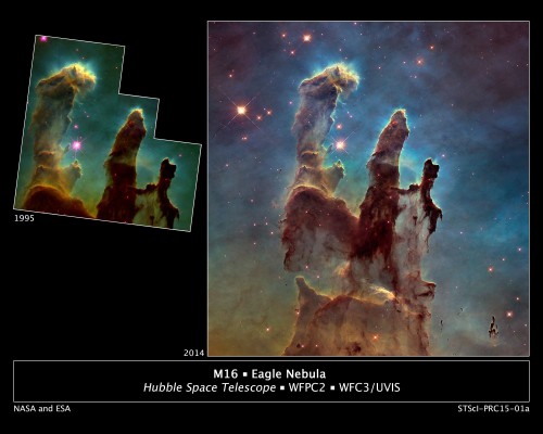 Astronomers using NASA's Hubble Space Telescope have assembled a bigger and sharper photograph of the iconic Eagle Nebula's "Pillars of Creation" (right). The original 1995 Hubble image is shown at left. Image Credit: NASA/ESA/Hubble Heritage Team (STScI/AURA)/J. Hester, P. Scowen (Arizona State U.)
