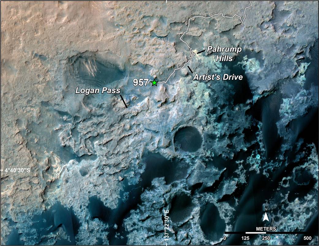 A green star marks the location of NASA's Curiosity Mars rover after a drive on the mission's 957th Martian day, or sol, (April 16, 2015). The drive on Sol 957 brought the mission's total driving distance past the 10-kilometer mark (6.214 miles).  The map covers an area about 1.25 miles (2 kilometers) wide.   Credits: NASA/JPL-Caltech/Univ. of Arizona