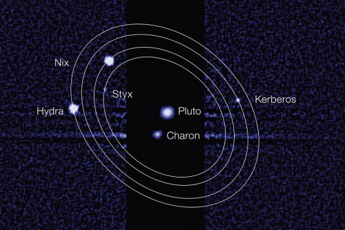 Pluto with its system of five known moons, as seen by the Hubble Space Telescope. Image Credit: NASA, ESA, Mark Showalter (SETI Institute) 