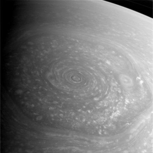 The famous "hexagon," another type of immense weather system around Saturn's north pole. Photo Credit: NASA/JPL-Caltech