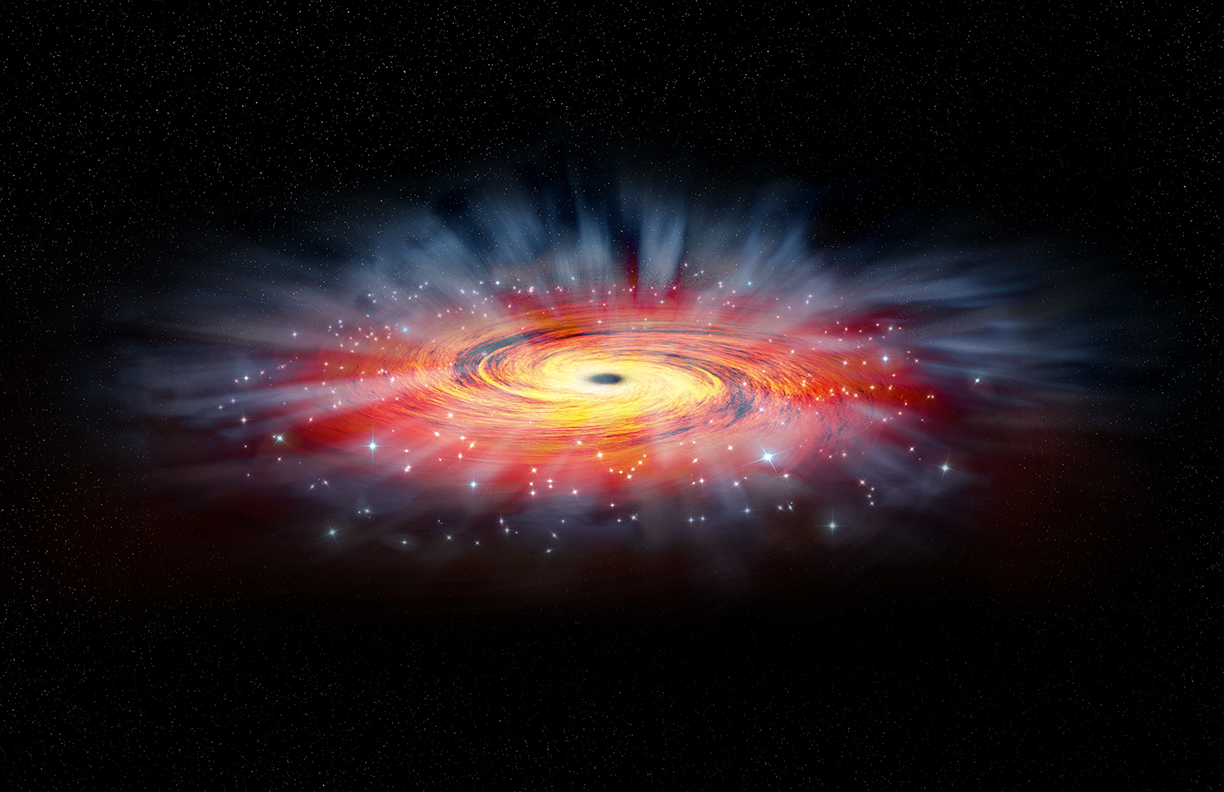 An artist's illustration of the vicinity of the supermassive black hole in the center of the Milky Way galaxy, known as Sagittarius A* . Astronomers have discovered a population of more than 150 massive young stars (shown as blue dots) in recent years that orbit within 2 light-years from the black hole. Newer observational studies have indicated that low-mass stars (and even planets) are forming very close to Sagittarius A* as well. Image Credit: NASA/CXC/M. Weiss