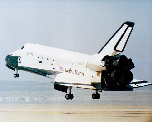 Columbia approaches touchdown at Edwards Air Force Base, Calif., 34 years ago today. Photo Credit: NASA