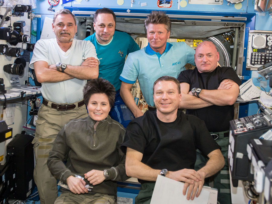 All six Expedition 43 crew members gathered in the Destiny laboratory on board the International Space Station on Mar 30, 2015 after an emergency procedures training period. Photo Credit: NASA
