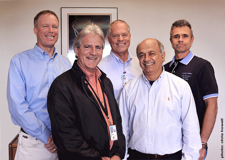 Members of the AstroAerospace team who worked closely with NASA JPL throughout the reflector development process for the SMAP spacecraft. From left to Right: Peter Laraway, Lead Reflector Project Engineer Ed Keay, SMAP Program Manager/Director of Business Development Mark Gralewski, Lead Systems Engineer Mehran Mobrem, Chief Analyst Mike Fedyk, Lead Thermal Engineer. Photo Credit: Chris Howell / AmericaSpace