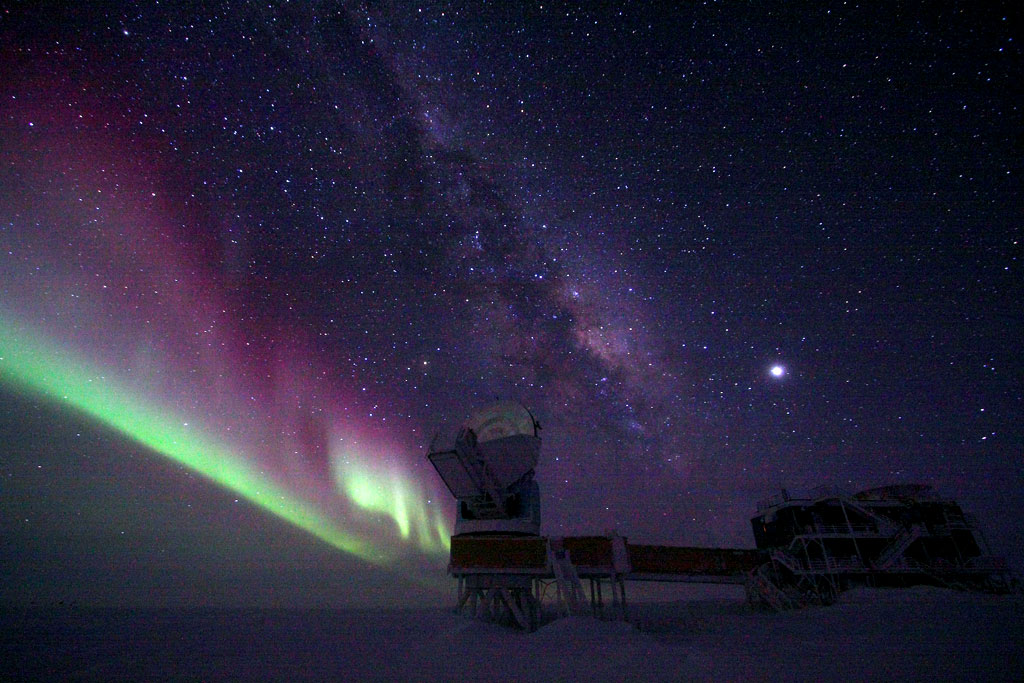 The 10-meter South Pole Telescope and BICEP (Background Imaging of Cosmic Extragalactic Polarization), at the Amundsen-Scott South Pole Station in Antarctica. Image Credit: Keith Vanderlinde, National Science Foundation