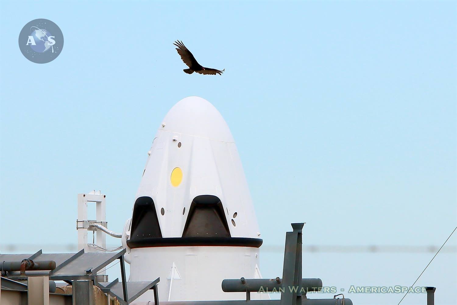 SpaceX's Crew Dragon prototype space capsule sits atop SLC-40 at Cape Canaveral AFS for a scheduled Wednesday morning Pad Abort Test. Photo Credit: Alan Walters / AmericaSpace