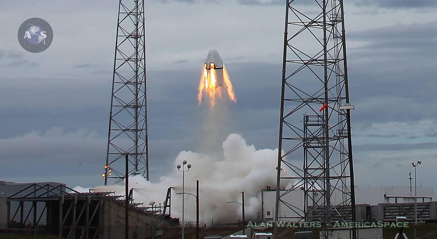 The SpaceX Crew Dragon engineering test article taking flight for its Pad Abort Test (PAT) on May 6, 2015. The PAT demonstration was a critical milestone in the company's aim to begin transporting astronauts to and from the ISS safely in the next couple years. Photo Credit: Alan Walters / AmericaSpace