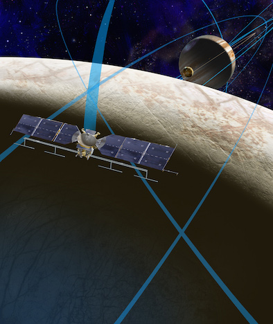 Artist's conception of the Europa Clipper as it conducts flybys of Europa. Image Credit: NASA/JPL-Caltech