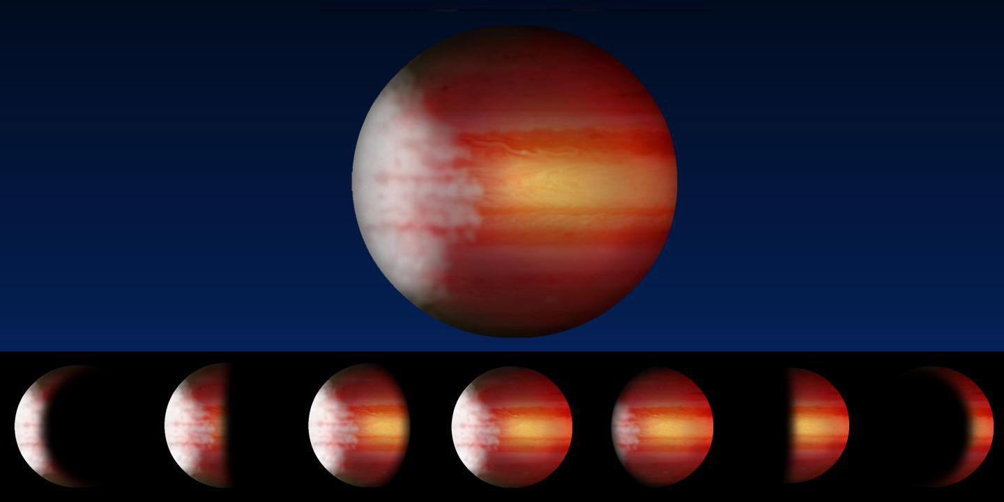 An artist's rendering of the possible weather and atmospheric circulation patterns on hot Jupiters. A new research by a team of astronomers that was based on data taken with NASA's Kepler space telescope, studied the phase variations that occur as different portions of these planets are illuminated by their host stars as seen from our vantage point here on Earth, providing detailed insights the daily weather patterns on these distant alien worlds. Image Credit: Lisa Esteves/University of Toronto.