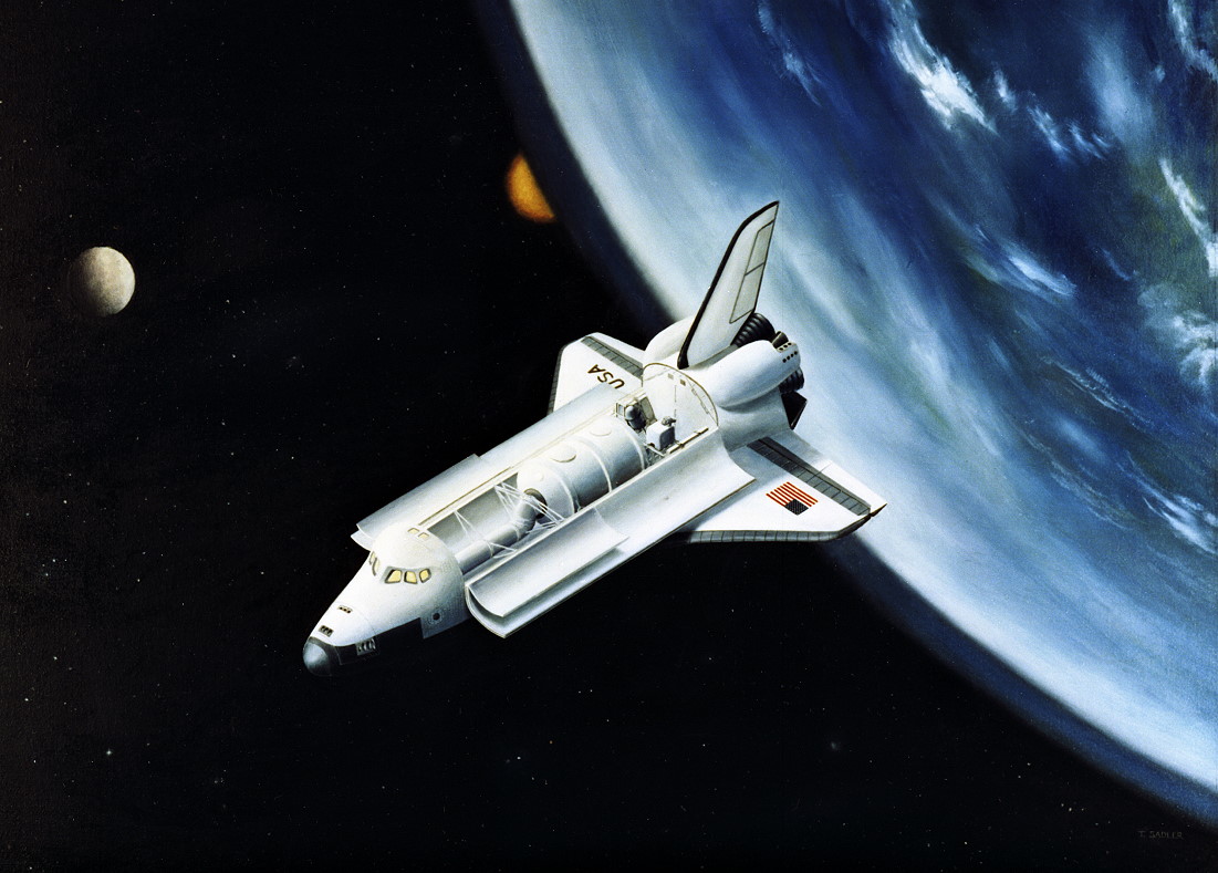 During the majority of the seven-day mission, Challenger operated in a gravity gradient orientation, with her vertical stabilizer directed Earthward and her starboard wing pointing in the direction of travel. Image Credit: NASA, via Joachim Becker/SpaceFacts.de