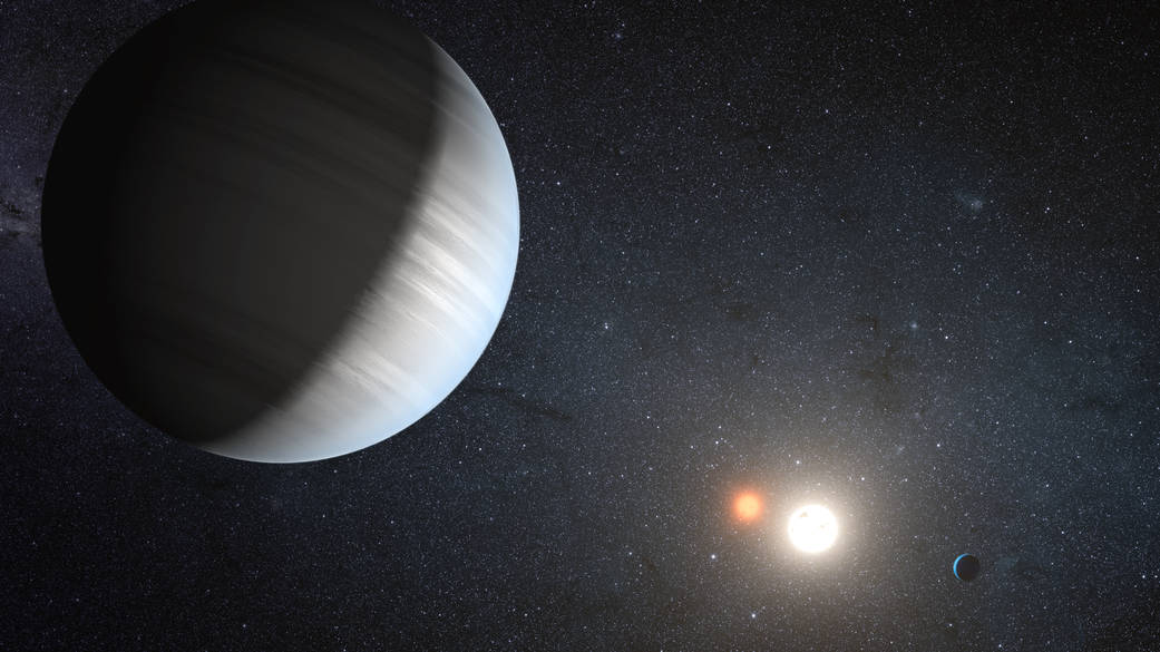 An artist's concept of Kepler-47, which was the first ever planetary system to be discovered orbiting a binary star. A new research that was based on data taken with NASA's Hubble Space Telescope provides stringest limits to the potential habitablity of exoplanets in several such systems. Image Credit: NASA/JPL-Caltech/T. Pyle