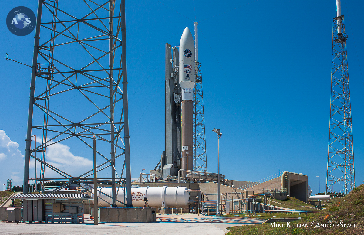 A United Launch Alliance Atlas-V 501 rocket stands tall atop Space Launch Complex-41 at Cape Canaveral AFS on May 19, 2015. The Air Force X-37B OTV-4 spaceplane is onboard, as well as the Planetary Society's Lightsail test article, several small satellites for the NAVY and NRO, and a NASA materials science experiment. Liftoff is scheduled for May 20 between 11:05 a.m. EDT and 1:30 p.m. EDT. Photo Credit: Mike Killian / AmericaSpace