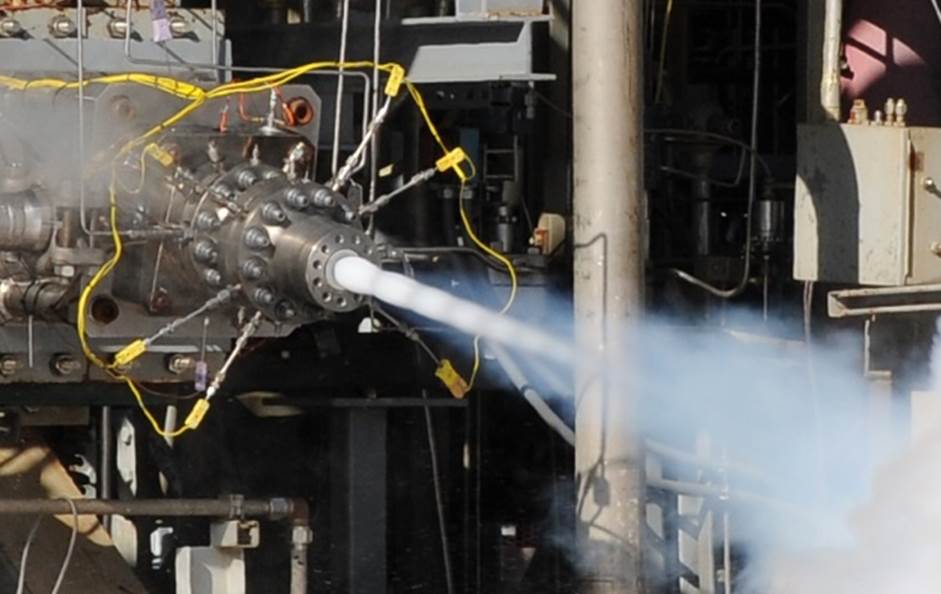 Sub scale oxygen preburner has begun initial firing tests in Sacramento Calif. as part of the U.S. Air Force Hydrocarbon Boost Technology Demonstrator program. Photo Credit: Aerojet Rocketdyne