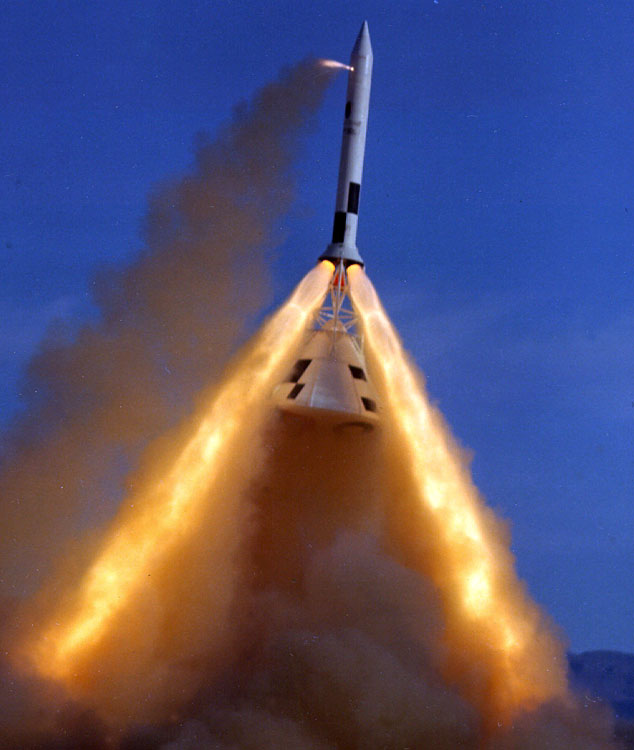 The launch escape apparatus pulls an Apollo Command Module (CM) to safety during the Pad Abort Test-2 in June 1965. Photo Credit: NASA