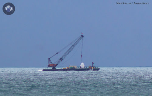 Crew Dragon recovered just offshore of its launch site. Photo Credit: Mike Killian / AmericaSpace
