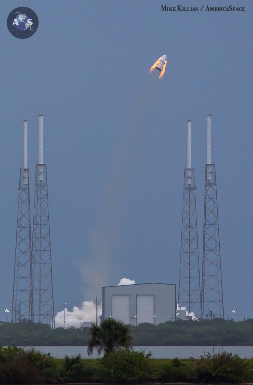 The SpaceX Crew Dragon mock-up test article lifts off on a Pad Abort Test (PAT) from Cape Canaveral SLC-40 earlier this year, marking a big testing milestone for SpaceX as they work towards crew flight. Photo Credit: Mike Killian / AmericaSpace