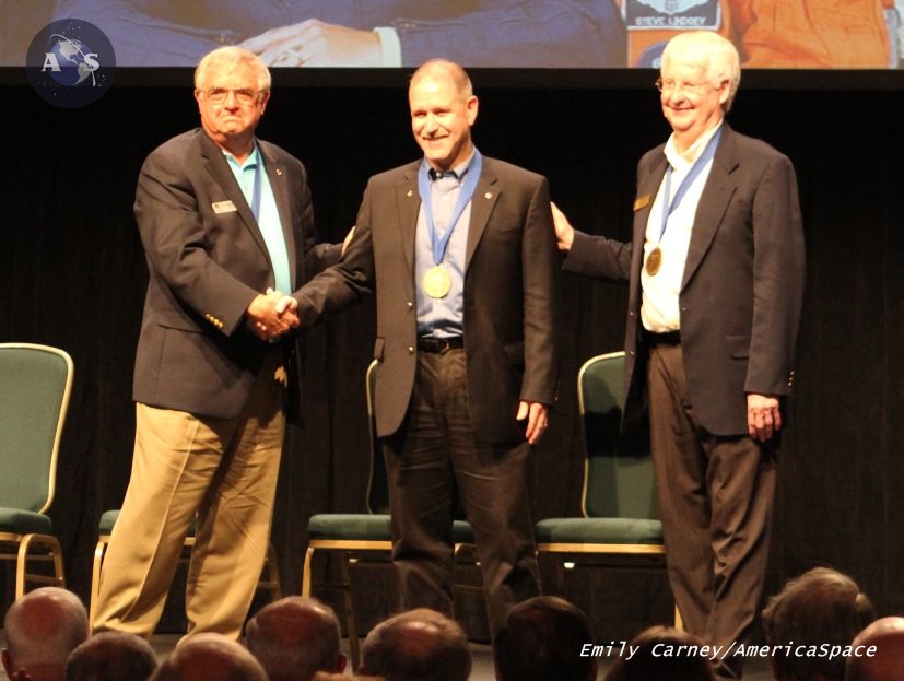 Brandenstein, Grunsfeld, and astronaut Steven Hawley, following Grunsfeld's induction. Photo Credit: Emily Carney / AmericaSpace