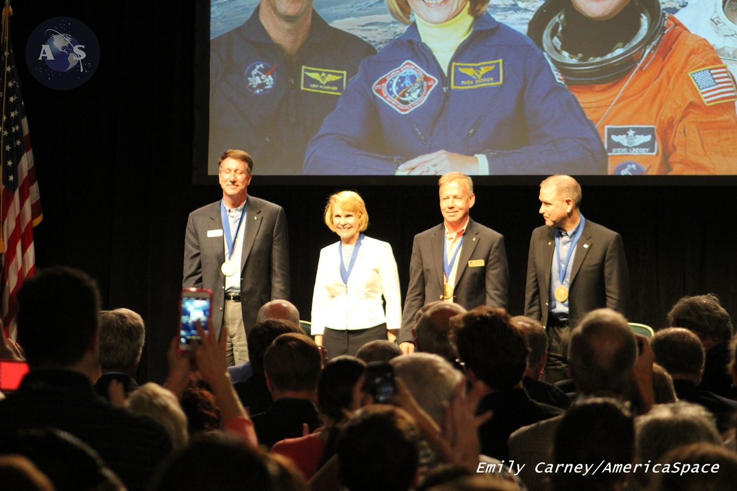 The four newest inductees into the U.S. Astronaut Hall of Fame, from left: Kent Rominger, Dr. Rhea Seddon, Steve Lindsey, and John Grunsfeld. Photo Credit: Emily Carney / AmericaSpace