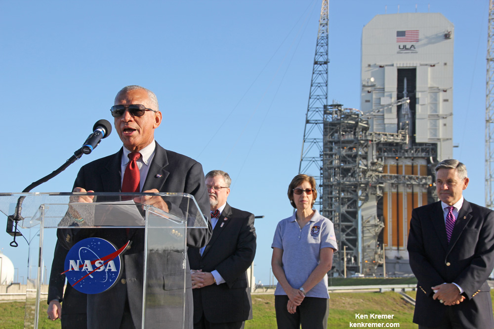 NASA Administrator Charles Bolden media briefing at Launch Complex 37 at Cape Canaveral, Florida prior to successful Orion EFT-1 launch on Dec. 5, 2014.   Credit: Ken Kremer/kenkremer.com