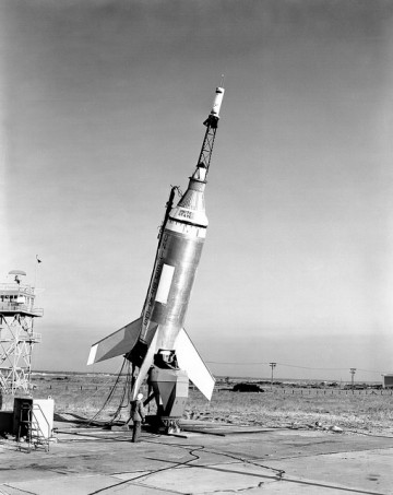 The LJ-6 test stands ready for launch on 4 October 1959. Photo Credit: NASA