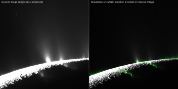Modelling of water vapor eruptions on Enceladus showing them to be more like "curtains" of vapor than individual, brighter jets. Image Credit: NASA/JPL-Caltech/SSI/PSI