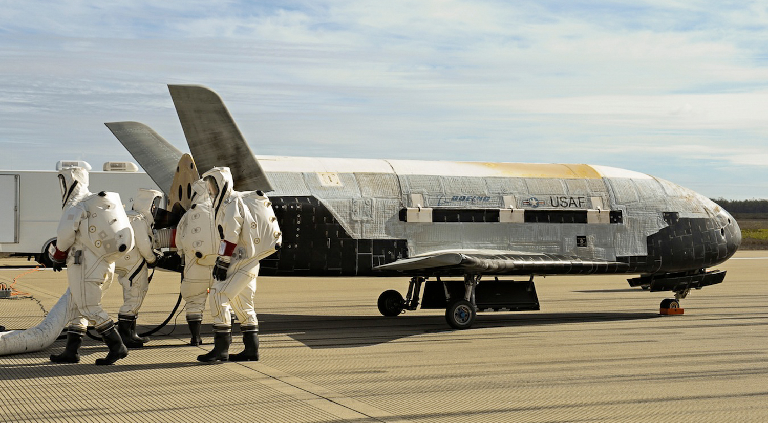 The X-37B Orbital Test Vehicle (OTV) at Vandenberg Air Force Base after completing 674 days in space. A total of three X-37B missions have been completed, totaling 1,367 days on orbit. OTV-4, launching on the AFSPC-5 mission May 20, is more focused on military spaceplane payload development instead of X-37B flight testing of its own systems, carrying a wide variety of military technology payloads for the Air Force, NAVY, and NRO, as well as an advanced NASA materials science experiment. Photo Credit: Boeing