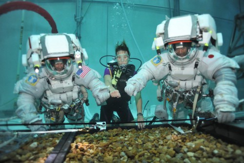 Dottie Metcalf-Lindenburger (center) poses with Tim Peake (left) and Kimiya Yui during NEEMO-16 operations in June 2012. Photo Credit: NASA
