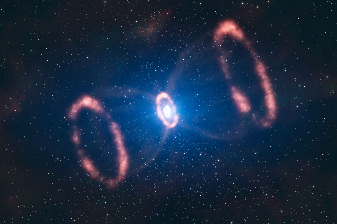 An artist's impression of the material that has been ejected from the Supernova 1987A in the neighboring Large Magellanic Cloud. The violent deaths of stars during supernova exoplosions, expel most of the stellar material into interstellar space, reseeding it with large amounts of dust as well as complex organic compounds which form the basis of life as we know it. A new research suggest that even the building blocks of the RNA and DNA molecules themselves, could potentially be created in the hot circumstellar envelopes of dying carbon-rich stars. Image Credit: ESO/L. Calçada