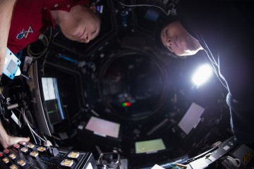 Expedition 43 crew members Terry Virts and Samantha Cristoforetti are pictured in the station's multi-windowed cupola during rendezvous operations with the CRS-6 Dragon on 17 April 2015. Photo Credit: NASA