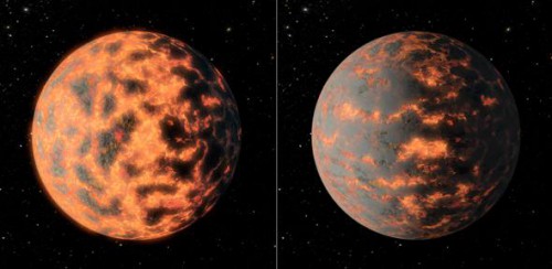 Artist's conception of super-Earth exoplanet 55 Cancri e, before and after volcanic activity on its day side. Image Credit: NASA/JPL-Caltech/R. Hurt