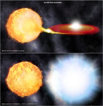 The two leading theoretical models regarding the progenitor stars of Type Ia supernova explosions. Image Credit: NASA/CXC/SAO