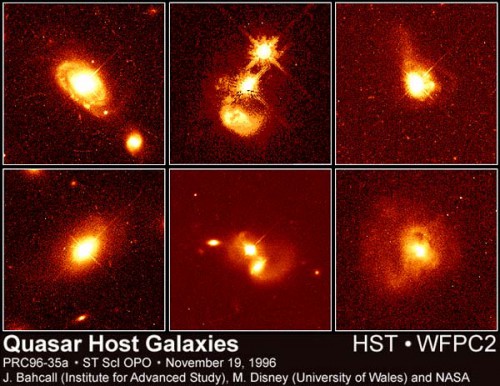 This image gallery shows a collection of six quasars that lie between 1.4 and 3 billion light-years from Earth. Hubble's sharp optics allowed astronomers to distinguish the bright light of the quasars themselves from the very faint light of their respective host galaxies, providing new insights to the violent processes that power these distant, energetic objects. Image Credit: John Bahcall (Institute for Advanced Study, Princeton), Mike Disney (University of Wales), and NASA