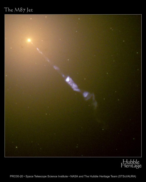 The 4,000-light-year-wide jet of charged particles that shoots out from the center of the elliptical galaxy M87, at velocities that reach the speed of light. Image Credit: NASA and The Hubble Heritage Team (STScI/AURA)