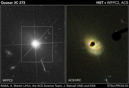 An image montage of the distant quasar 3C 273. The image on the left was taken with the Wide Field Planetary Camera 2, while the image on the right was taken with the much more poweful Advanced Camera for Surveys, revealing many more details of the quasar's host galaxy. Image Credit for the WFPC2 image: NASA and J. Bahcall (IAS). Image Credit for the ACS image: NASA, A. Martel (JHU), H. Ford (JHU), M. Clampin (STScI), G. Hartig (STScI), G. Illingworth (UCO/Lick Observatory), the ACS Science Team and ESA