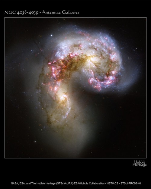 Spectaular view of a pair of merging galaxies, also known as the 'Antennae Galaxies'. Image Credit: NASA, ESA, and the Hubble Heritage Team (STScI/AURA)-ESA/Hubble Collaboration. Acknowledgment: B. Whitmore (Space Telescope Science Institute)
