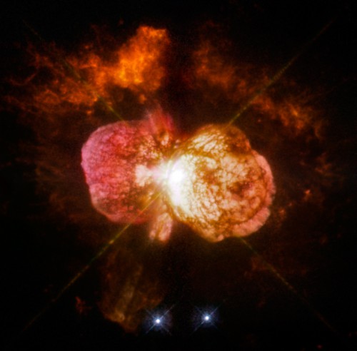 Eta Carinae, as imaged by the Hubble Space Telescope. This well-known variable star has a bipolar nebula structure that is completely different from that of NaSt1. Image Credit: NASA, ESA, and the Hubble SM4 ERO Team
