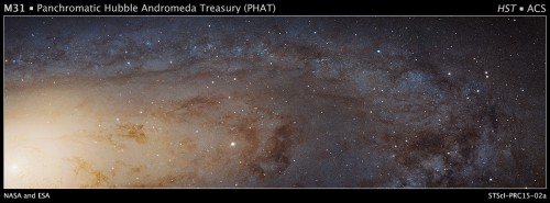 A stunning panorama of the neighboring Andromeda galaxy (M31), which is the sharpest ever large composite image to be taken of our galactic neighbor. Image Credit: NASA, ESA, J. Dalcanton, B.F. Williams, and L.C. Johnson (University of Washington), the PHAT team, and R. Gendler