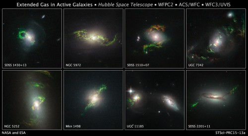 A series of Hubble images of 'ghost' quasars, which have exploded in the past and then faded out, illuminating the surrounding intergalactic filaments of matter (the ethereal green-colored features). Image Credit: NASA, ESA, Galaxy Zoo team & W. Keel (University of Alabama, USA) 