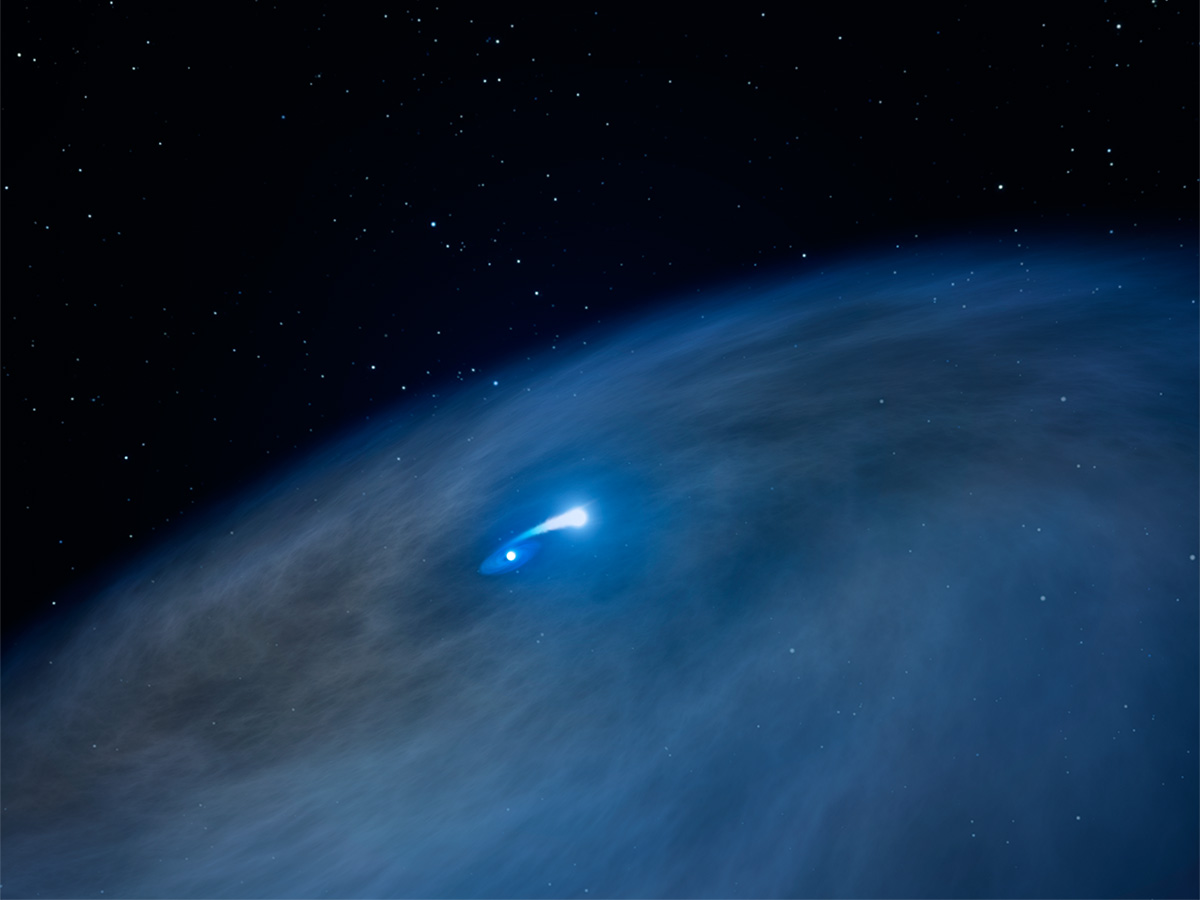 Artist's illustration of the vast disk of gas surrounding the massive and bright Wolf-Rayet star NaSt1, affectionately nicknamed 'Nasty 1'. Observations with the Hubble and Chandra space telescopes revealed that contrary to other Wolf-Rayet stars, NaSt1 is feeding material into its companion star (shown here by the bridge of bright material connecting the two stars), while some of it escapes into space, forming a vast circumstellar disk of dust and gas. This is the first time that a disk structure like this has been observed around a Wolf-Rayet star. Image Credit: NASA, ESA, and G. Bacon (STScI)
