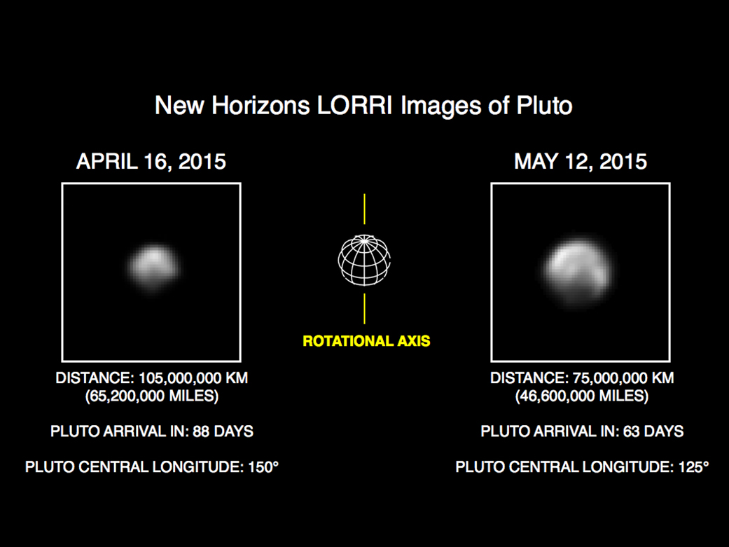 NASA's New Horizons spacecraft took a series of images of Pluto in 8-12 May from a decreasing distance of 110 million to 75 million km away, which provide fascinating new views of the distant planet's largely varied surface topography. Compared to images taken one month earlier, Pluto appears to get larger as the spacecraft gets closer, with the planet's apparent size increasing by approximately 50 percent. These images are displayed at four times their native image size and have been processed using a method called deconvolution, which sharpens the original images to enhance Pluto's surface features. Image Credit: NASA/Johns Hopkins University Applied Physics Laboratory/Southwest Research Institute
