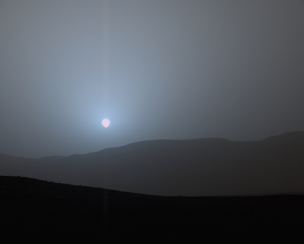 NASA's Curiosity Mars rover recorded this sequence of views of the sun setting at the close of the mission's 956th Martian day, or sol (April 15, 2015), from the rover's location in Gale Crater. Credits: NASA/JPL-Caltech/MSSS/Texas A&M Univ. 
