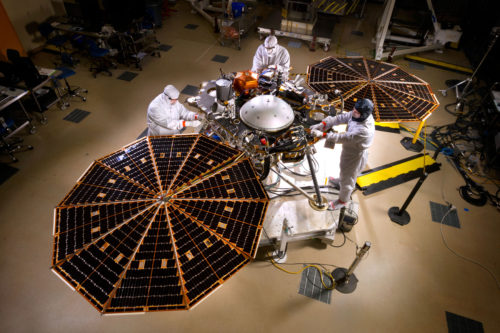 Testing of the solar arrays on the InSight lander at Lockheed Martin Space Systems in Denver. Photo Credit: NASA/JPL-Caltech/Lockheed Martin