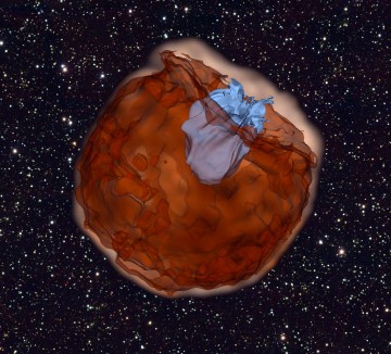 A still from a computer simulation showsing the debris of a Type Ia supernova (brown) slamming into its companion star (blue) at at a velocity of about 10,000 km/s. he ejected material then slams into its companion star (light blue color). The violent collision produces an ultraviolet flash that is emitted from the conical hole carved out by the companion star. A similar process was observed by NASA's Swift space telescope on supernova iPTF14atg. Image Credit: UC Berkeley, Daniel Kasen