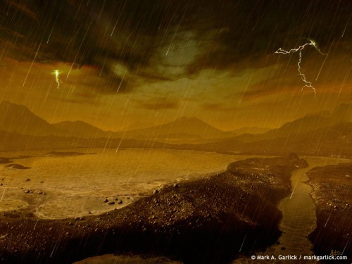 Illustration of methane rainfall and lake on Titan. The lakes and seas may facilitate per-biotic chemistry; could they also support primitive life of some kind? Image Credit: Mark Garlick (Space-art.co.uk)/APOD