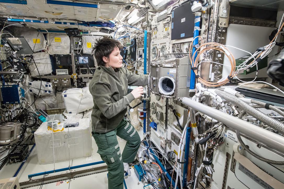 ESA (European Space Agency) astronaut Samantha Cristoforetti installs the TripleLux investigation on the Columbus module of the space station. This investigation looks in to the cellular effects of long-term space missions on astronauts. Photo Credit: NASA
