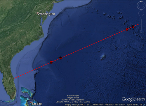 This 61 deg. Atlas-V launch Azimuth flown today, May 20, equates to a 39 deg. orbit inclination for the X-37-B. Image Credit: Google Earth / NOAA / NAVY