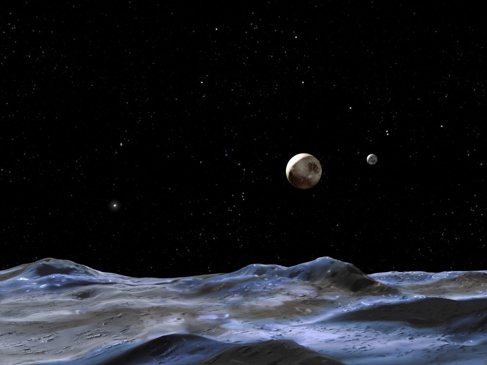 An artist's depiction of Pluto, as seen from the surface of its largest moon Charon. A recent study by a team of US astronomers argues that Charon might harbor frozen underground oceans of liquid water, the pressence of which could be inferred by surface geologic features that could be visible to the New Horizons spacecraft. Image Credit: NASA, ESA and G. Bacon (STScI)