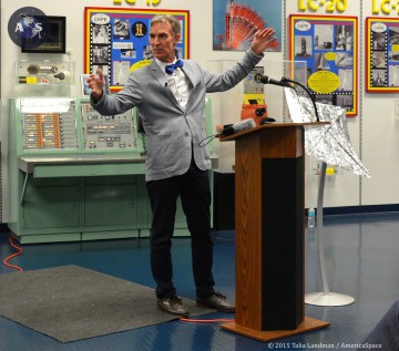 Bill Nye discusses the size of LightSail A and it’s succcessor, LightSail B, at a pre-launch press conference on May 19, 2015. Photo Credit: Talia Landman / AmericaSpace 