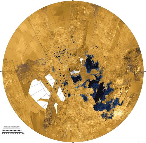 Wider view of lakes and seas near Titan's north pole. Image Credit: NASA/JPL-Caltech/ASI/USGS