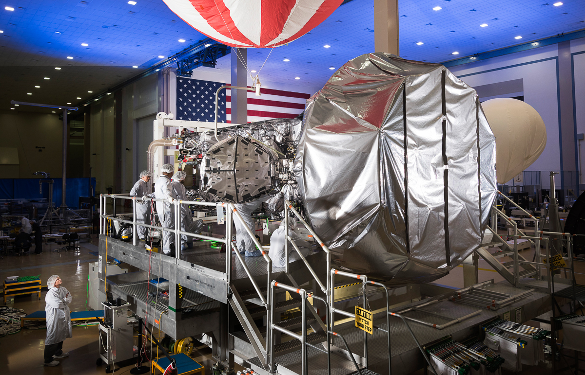 MUOS-4, the next satellite scheduled to join the U.S. Navy’s new MUOS secure communications network later this year, is in final assembly and test at Lockheed Martin’s satellite manufacturing facility in Sunnyvale, California. Photo Credit: Lockheed Martin